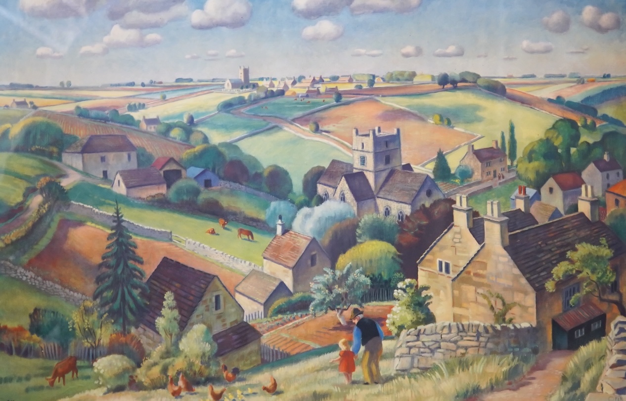 Adrian Paul Allinson ROI (1890-1959), coloured crayon, English landscape, together with a colour print, ‘Cotswold Pattern’, largest 31 x 53cm. Condition - fair to good